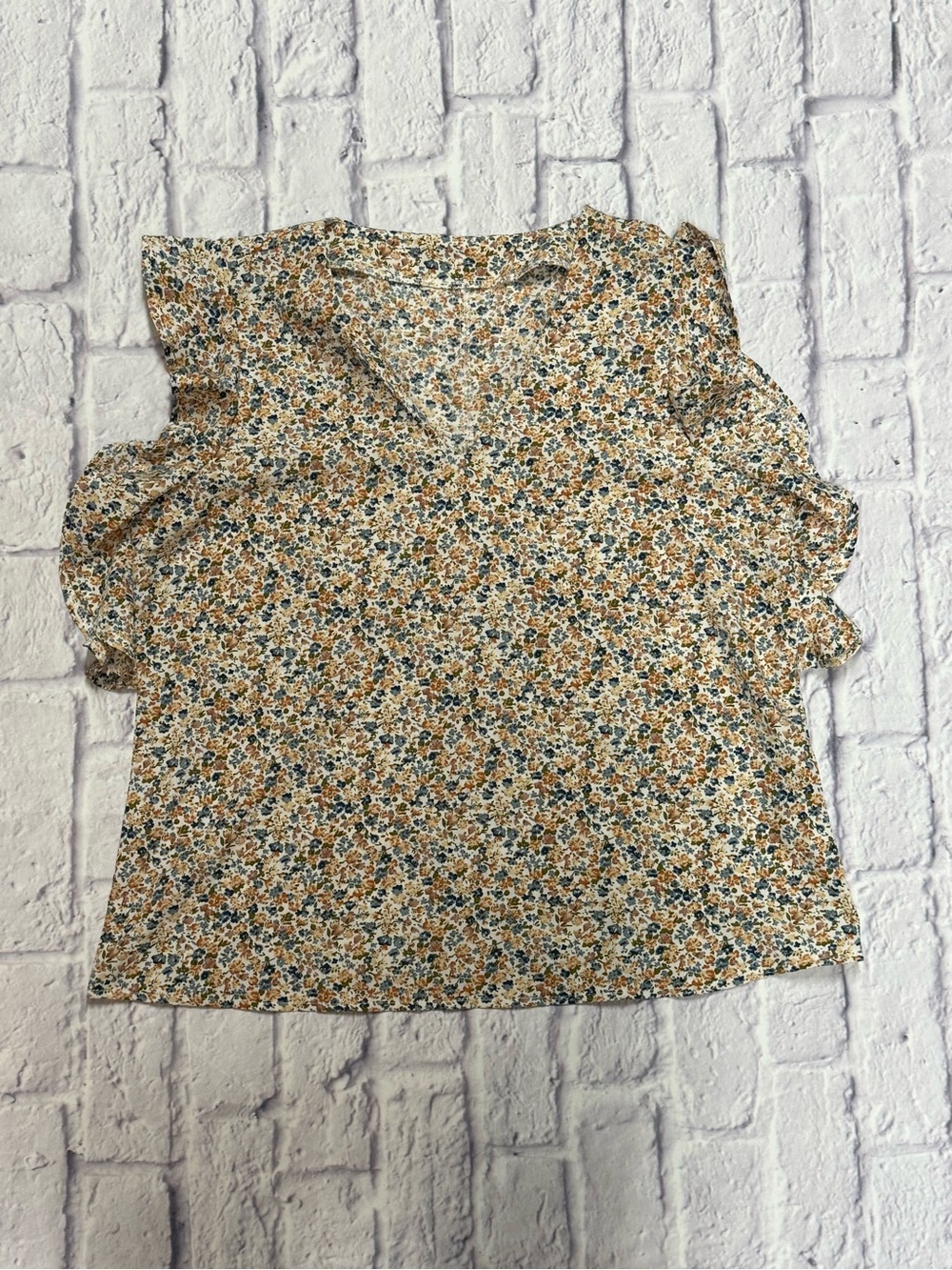 SHEIN Cream Floral Ruffle Sleeve Blouse with Blue & Tan Accents